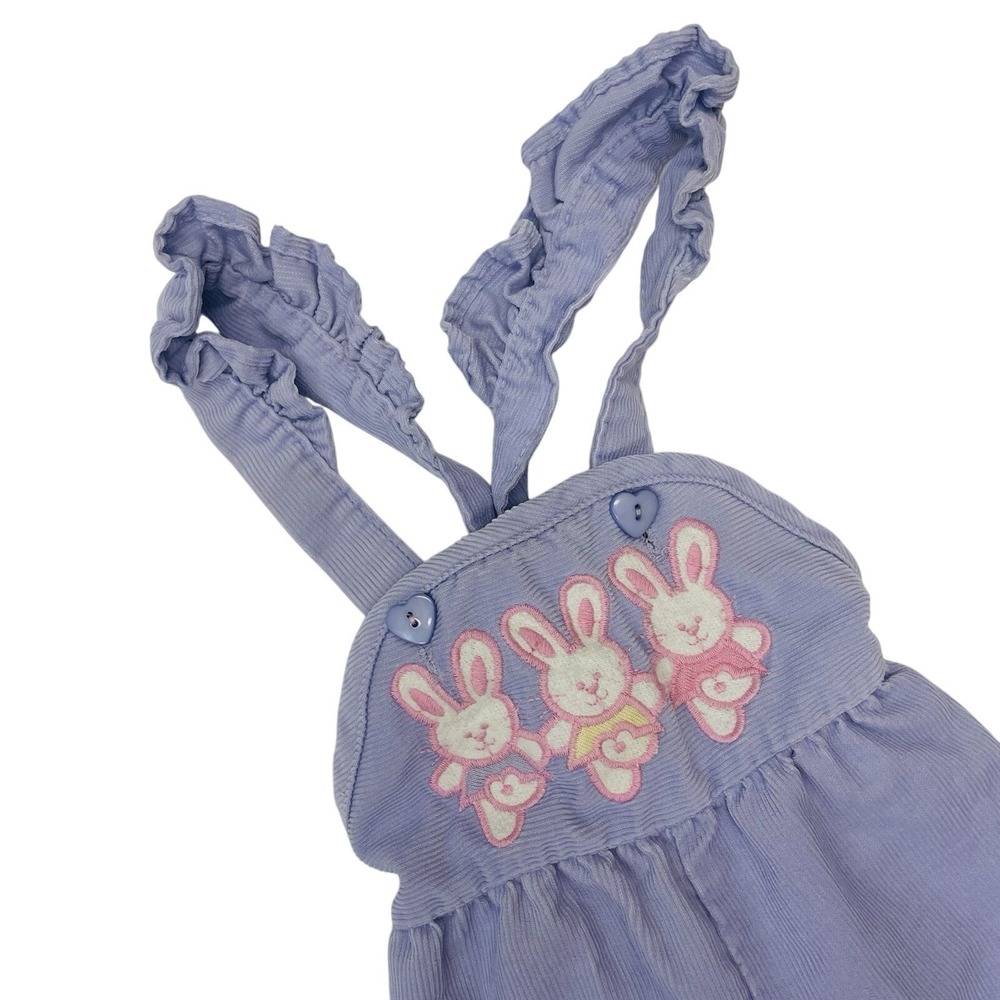 True Vtg Healthtex Purple Corduroy Ruffle Embroidered Bunny Bib Overalls 12M EUC